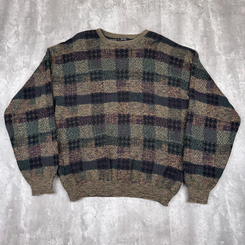 Vintage TSR Sweater Mens XL Multi Color Geometric 3D Knit Crewneck Pullover 90s
